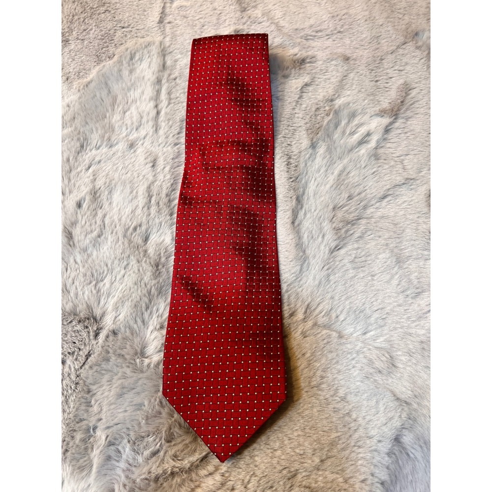 Cole Haan Red Silk Necktie Handmade‎ in Italy Woven Pattern